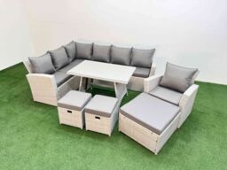 Fimous Garden Outdoor Rattan Furniture Set with Armchair 3 Footstools 10 Seat in Light Grey - thumbnail 2