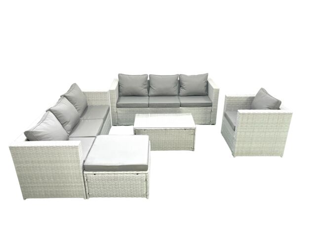 Fimous Wicker PE Rattan Sofa Garden Furniture Set with Armchair Oblong Coffee Table Big Footstool Light Grey Mixed - image 1
