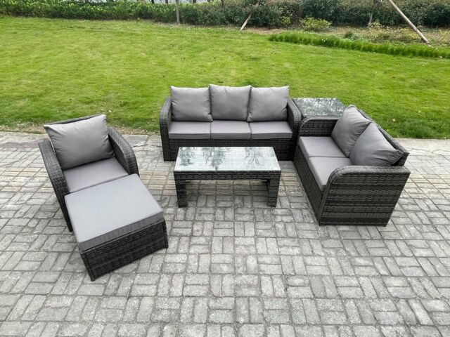 Fimous 7 Seater Outdoor Rattan Garden Furniture Set Rattan Lounge Sofa Set with Rectangular Coffee Table Reclining Chair Big Footstool Side Table - image 1