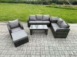 Fimous 7 Seater Outdoor Rattan Garden Furniture Set Rattan Lounge Sofa Set with Rectangular Coffee Table Reclining Chair Big Footstool Side Table - thumbnail 1