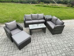 Fimous 7 Seater Outdoor Rattan Garden Furniture Set Rattan Lounge Sofa Set with Rectangular Coffee Table Reclining Chair Big Footstool Side Table - thumbnail 2