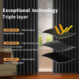 VOGREX 167x183cm Black Thermal Blockout Eyelet Curtains - Size: 167x183 cm - thumbnail 2