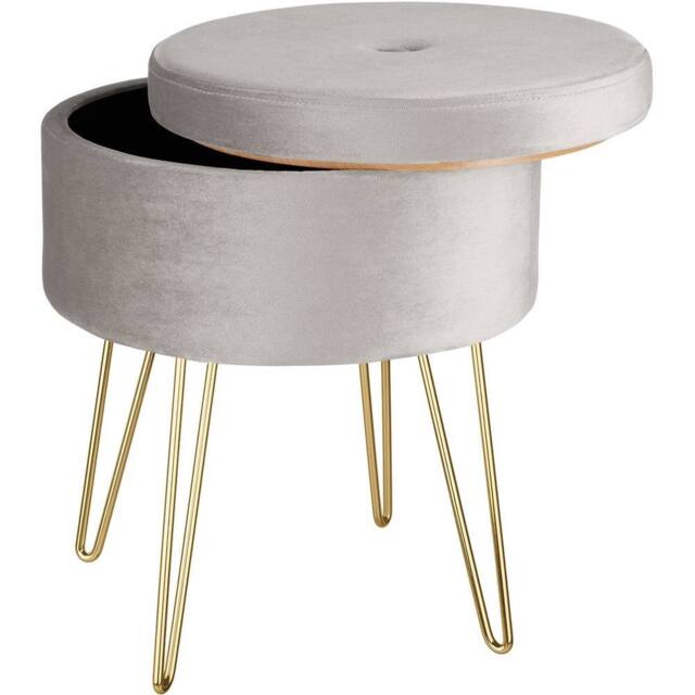 tectake Stool Ava - Round, Padded Velvet Look, With Storage Space in Light Grey - image 1