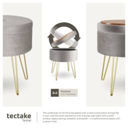 tectake Stool Ava - Round, Padded Velvet Look, With Storage Space in Light Grey - thumbnail 4