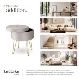 tectake Stool Ava - Round, Padded Velvet Look, With Storage Space in Light Grey - thumbnail 7