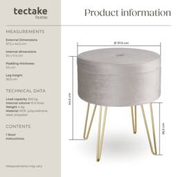 tectake Stool Ava - Round, Padded Velvet Look, With Storage Space in Light Grey - thumbnail 6