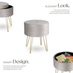 tectake Stool Ava - Round, Padded Velvet Look, With Storage Space in Light Grey - thumbnail 3