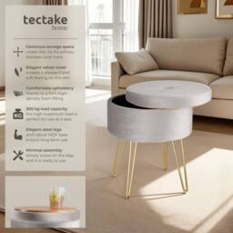 tectake Stool Ava - Round, Padded Velvet Look, With Storage Space in Light Grey - thumbnail 2