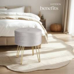 tectake Stool Ava - Round, Padded Velvet Look, With Storage Space in Light Grey - thumbnail 8