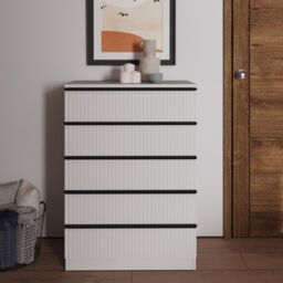 FWStyle White 5 Drawer Chest Of Drawers Scalloped Ripple Effect Tall Slim - thumbnail 3
