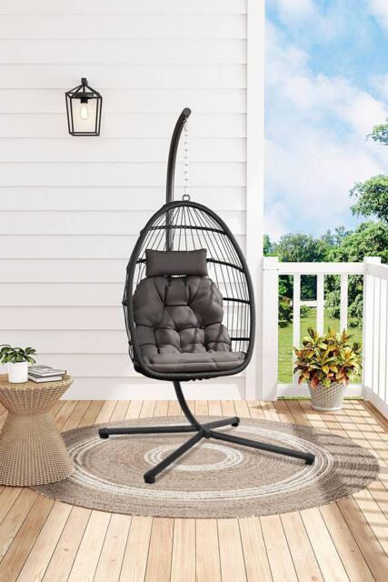 H&O Direct Freestanding Hanging Chair with Stand & Cushion in Black - image 1