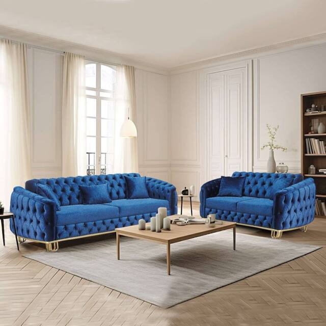 Sliding Wardrobes 4U Glasgow 3+2 Plush Velvet Chesterfield Sofa Set in 3 Colors - Blue 3+2 - Size: 5 Pack - image 1