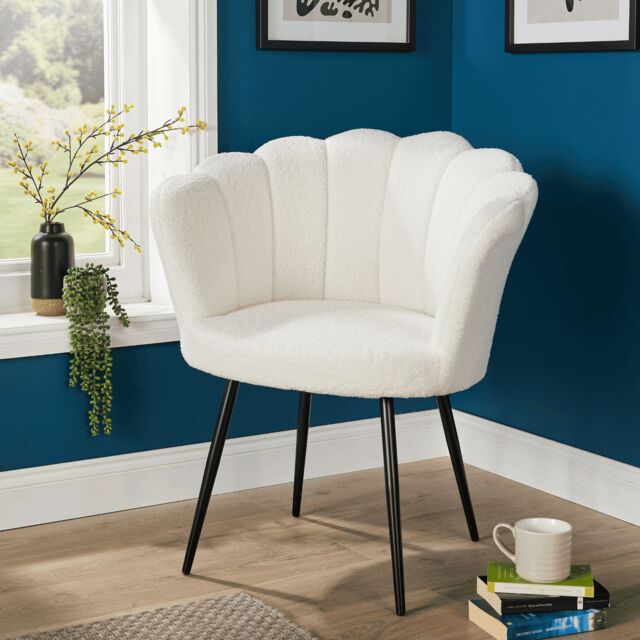 Home Source Boucle Fabric Scallop Shell Chair Wing Back Armchair Sofa Gold Legs in White - image 1