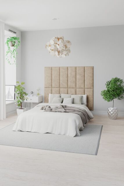 Aspire EasyMount Wall Mounted Upholstered Panels, Modular DIY Headboard in Kimiyo Linen Fabric (Pack of 8) in Beige - image 1
