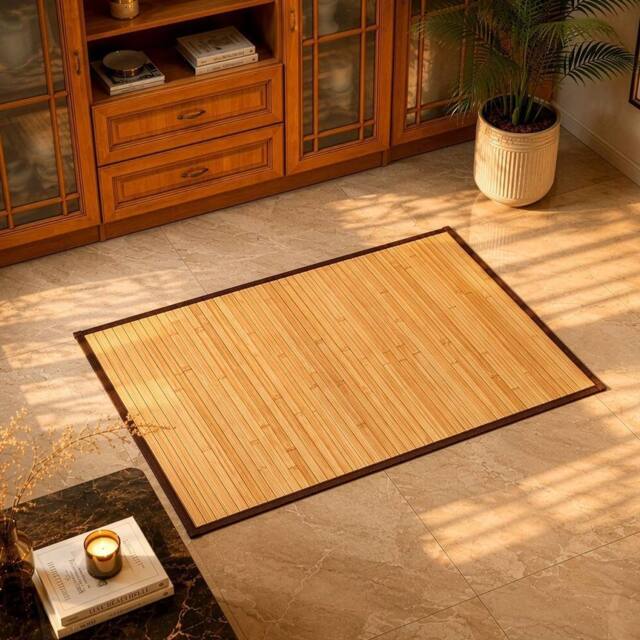 KORVIXA Natural Bamboo Floor Mat with Dark Border in Brown - Size: 100 cm diameter - image 1