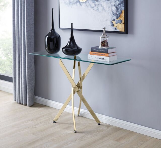 FurnitureboxUK Leonardo Rectangular Glass Console Table with Metal Angled Starburst Legs for Modern Living Room in Gold - image 1
