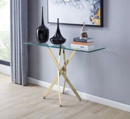 FurnitureboxUK Leonardo Rectangular Glass Console Table with Metal Angled Starburst Legs for Modern Living Room in Gold