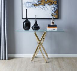 FurnitureboxUK Leonardo Rectangular Glass Console Table with Metal Angled Starburst Legs for Modern Living Room in Gold - thumbnail 2
