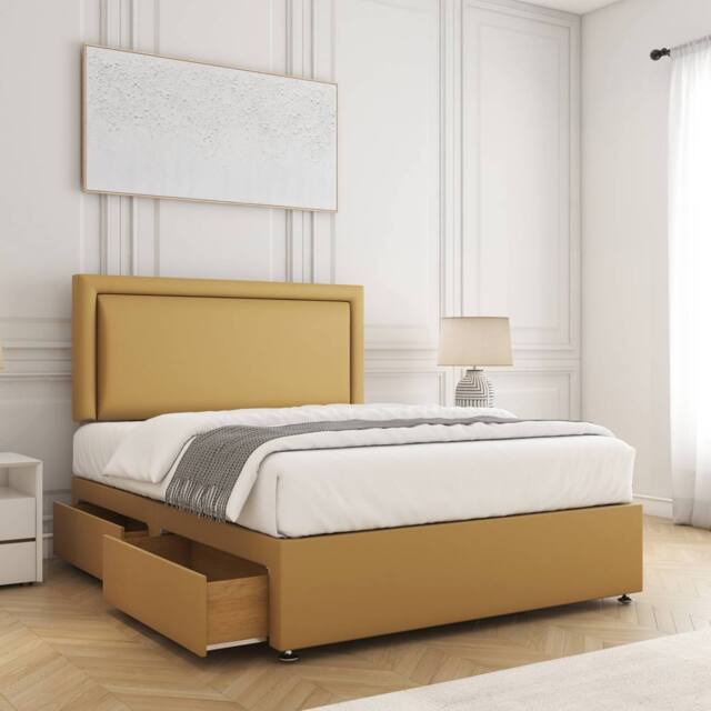 "BSSPOKE Ella Plush Velvet Divan Bed 24""Headboard & 2Drawers Same side Mattress in Mustard - Size: Double" - image 1