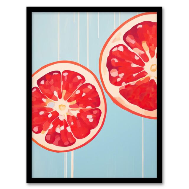 "Wee Blue Coo Wall Art Print Juicy Red Pomegranate Oil Painting Bright Baby Blue Kitchen Art Framed - Size: W12"" x H16""" - image 1