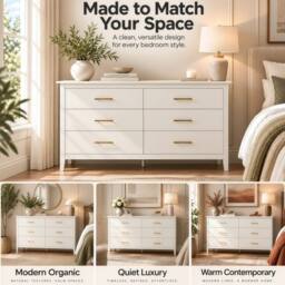 Merax 6 Drawer Chest of Drawers Wide Bedroom Storage Cabinet Modern Style in Cream - thumbnail 9