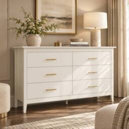 Merax 6 Drawer Chest of Drawers Wide Bedroom Storage Cabinet Modern Style in Cream - thumbnail 4