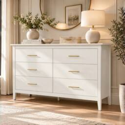 Merax 6 Drawer Chest of Drawers Wide Bedroom Storage Cabinet Modern Style in Cream - thumbnail 3