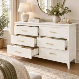 Merax 6 Drawer Chest of Drawers Wide Bedroom Storage Cabinet Modern Style in Cream - thumbnail 5