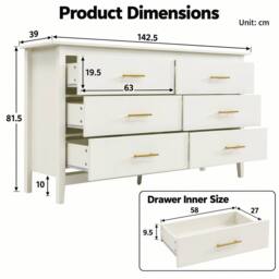 Merax 6 Drawer Chest of Drawers Wide Bedroom Storage Cabinet Modern Style in Cream - thumbnail 6