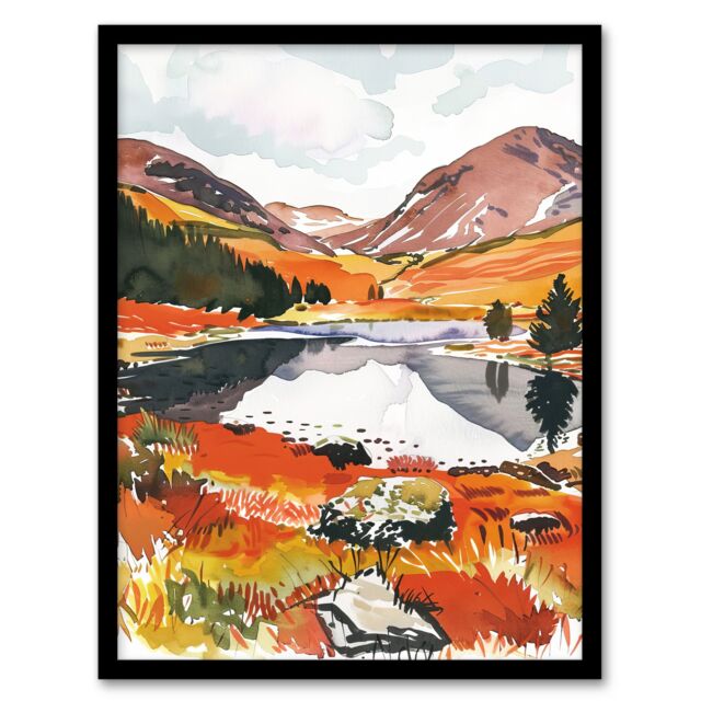 "Artery8 Cairngorms National Park Autumn Heather Lake Framed Art Print in Orange - Size: W12"" x H16""" - image 1