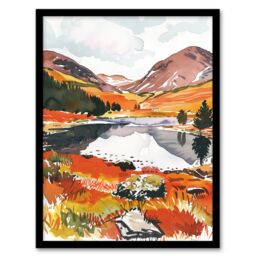"Artery8 Cairngorms National Park Autumn Heather Lake Framed Art Print in Orange - Size: W12"" x H16""" - thumbnail 1