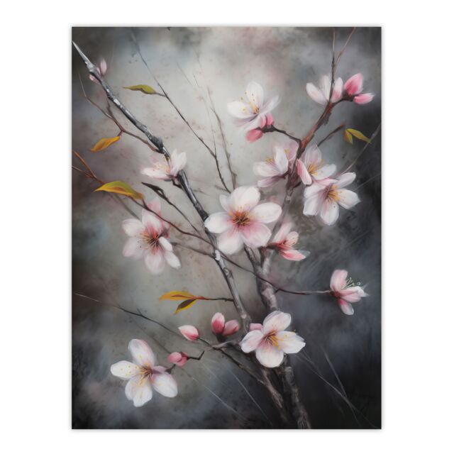 Artery8 Wall Art Print Cherry Blossom Tree Branch Soft Pastel Painting Pink Grey Elegant Detail Bloom Nature Colourful Bright Floral Modern Artwork - image 1