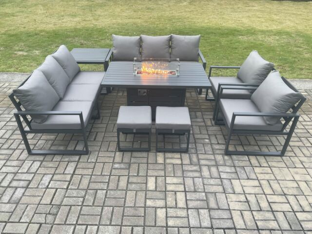 Fimous Aluminium Outdoor Garden Furniture Set Patio Lounge Sofa Gas Fire Pit Dining Table Set with 2 Small Footstools Side Table Dark Grey - image 1