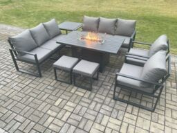 Fimous Aluminium Outdoor Garden Furniture Set Patio Lounge Sofa Gas Fire Pit Dining Table Set with 2 Small Footstools Side Table Dark Grey - thumbnail 2