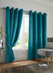 Luxury Living Velvet Thermal Blackout Eyelet Curtains Ready Made Pair in Teal - Size: 117 cm width x 229 cm drop