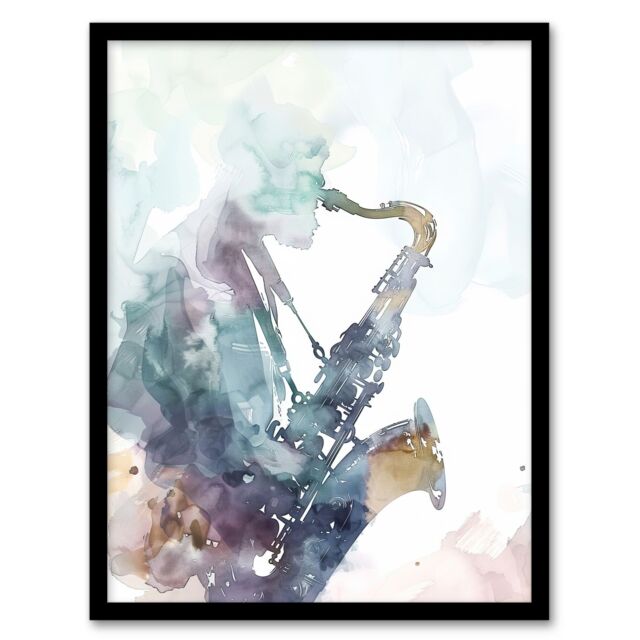 "Artery8 Abstract Saxophone Jazz Musician Watercolour Framed Art Print in Blue - Size: W12"" x H16""" - image 1