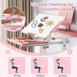 Costway Kids Activity Desk Set Height-Adjustable Study Desk & Chair Set in Pink - thumbnail 6