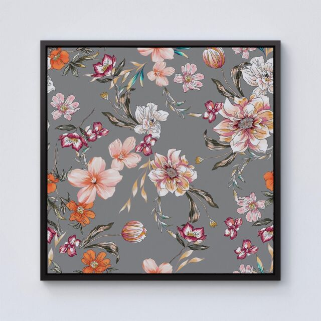 Warren Reed - Designer Peony, Lily, Tulip, Daisy Colorful On Grey Background Framed Canvas in Black - Size: w10 inch x h10 inch - image 1