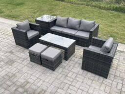 Fimous Lounge Rattan Sofa Set Outdoor Garden Furniture Oblong Rectangular Coffee Table in Dark Grey - thumbnail 1
