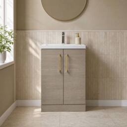 Balterley Bathroom Vanity Basin Unit, Brushed Brass Handles, 600mm, Mid Oak in Brown - thumbnail 4