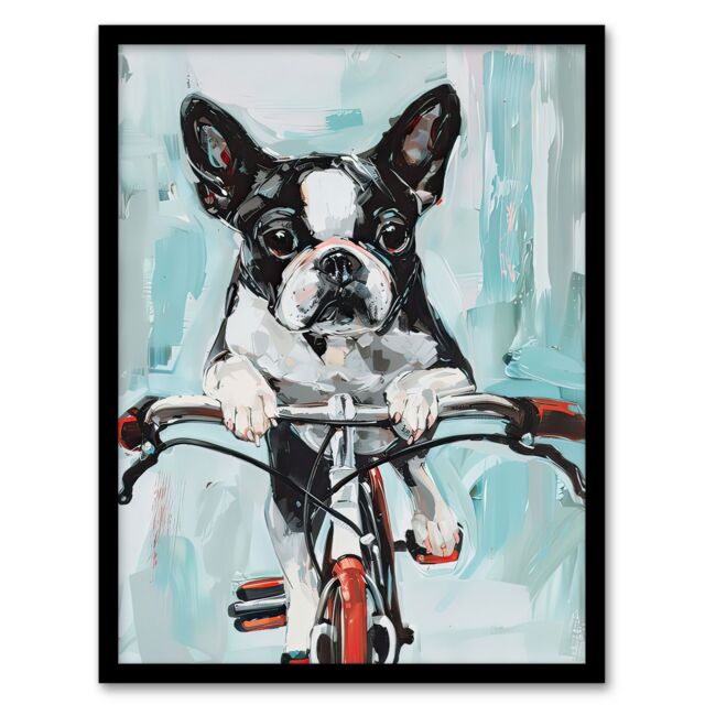Artery8 Boston Terrier Dog Lover Bicycle Oil Painting Fun Framed Art Print in Blue - Size: A4 - image 1