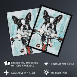 Artery8 Boston Terrier Dog Lover Bicycle Oil Painting Fun Framed Art Print in Blue - Size: A4 - thumbnail 2