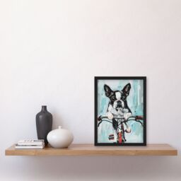 Artery8 Boston Terrier Dog Lover Bicycle Oil Painting Fun Framed Art Print in Blue - Size: A4 - thumbnail 4