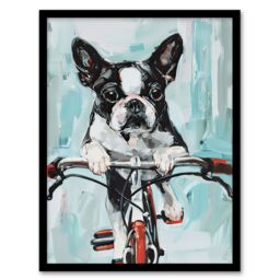 Artery8 Boston Terrier Dog Lover Bicycle Oil Painting Fun Framed Art Print in Blue - Size: A4 - thumbnail 1