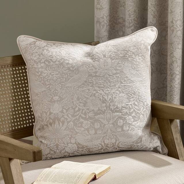 Morris & Co Strawberry Thief Jacquard Cushion in Cream - Size: 55 cm x 55 cm - image 1