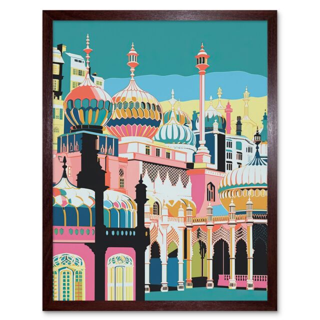 "Artery8 Wall Art Print Brighton Royal Pavilion Multicoloured Architecture Art Framed in Brown - Size: W12"" x H16""" - image 1