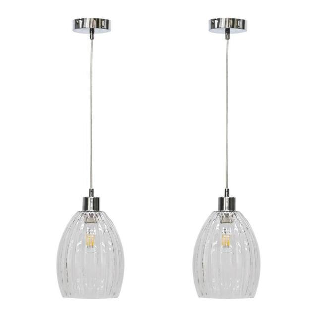 First Choice Lighting Set of 2 Birch - Clear Fluted Glass with Chrome Pendant Fittings - image 1