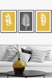 ARTZE Yellow Grey Graphical Leaves Framed Wall Art - Large in Black - Size: W53 cm x H73 cm x D20mm - thumbnail 1