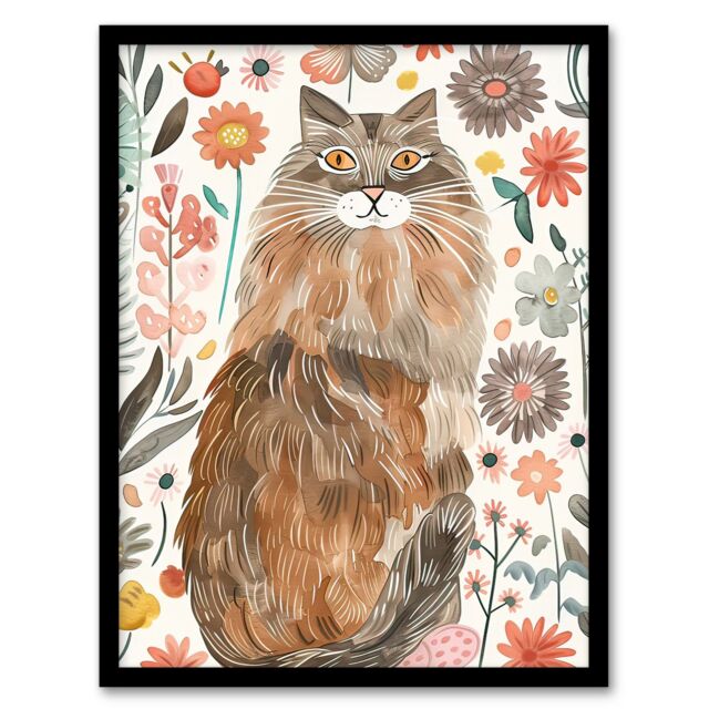 "Artery8 Cat Lover Maine Coon Folk Art Floral Watercolour Framed Wall Art - Size: W12"" x H16""" - image 1