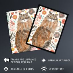 "Artery8 Cat Lover Maine Coon Folk Art Floral Watercolour Framed Wall Art - Size: W12"" x H16""" - thumbnail 2